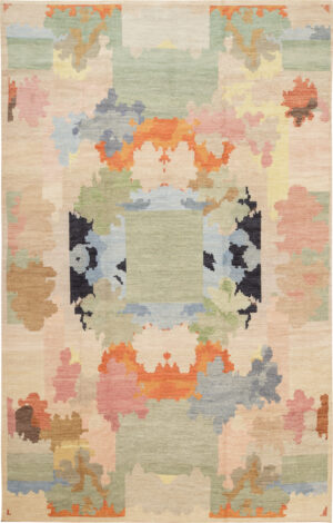 Large modern Swedish-inspired abstract rug 74515 with sage green, pink, blue, orange, and ivory geometric forms.
