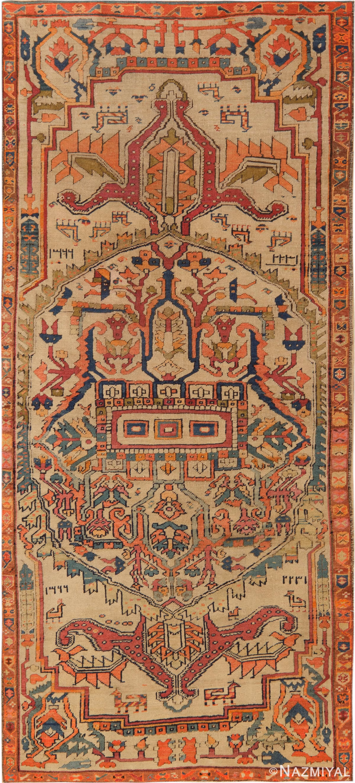 Dated antique Caucasian Karabagh rug 74518 with angular animals, charm-like motifs, repeated 1322 inscriptions, and an ivory field.