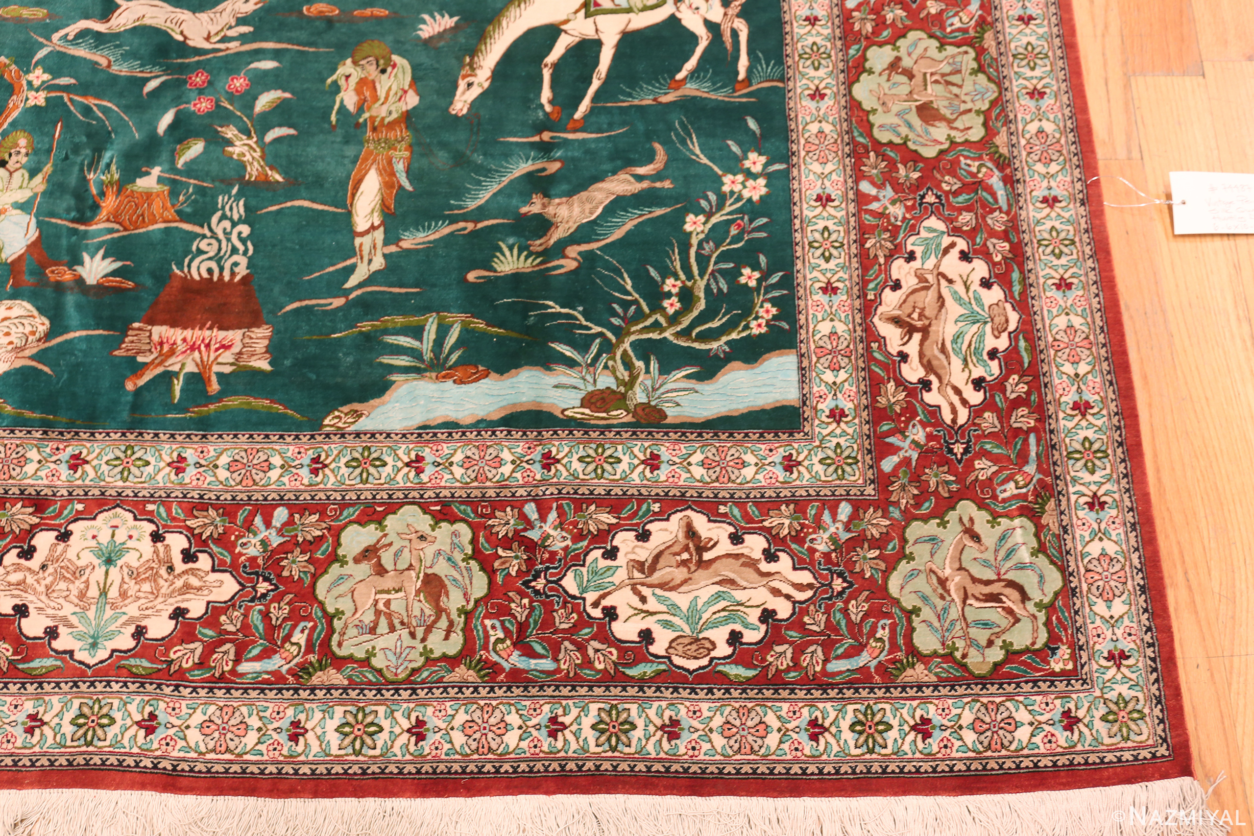 Corner Detail of Vintage Persian Qum Silk Hunting Rug 74487 by Nazmiyal Collection