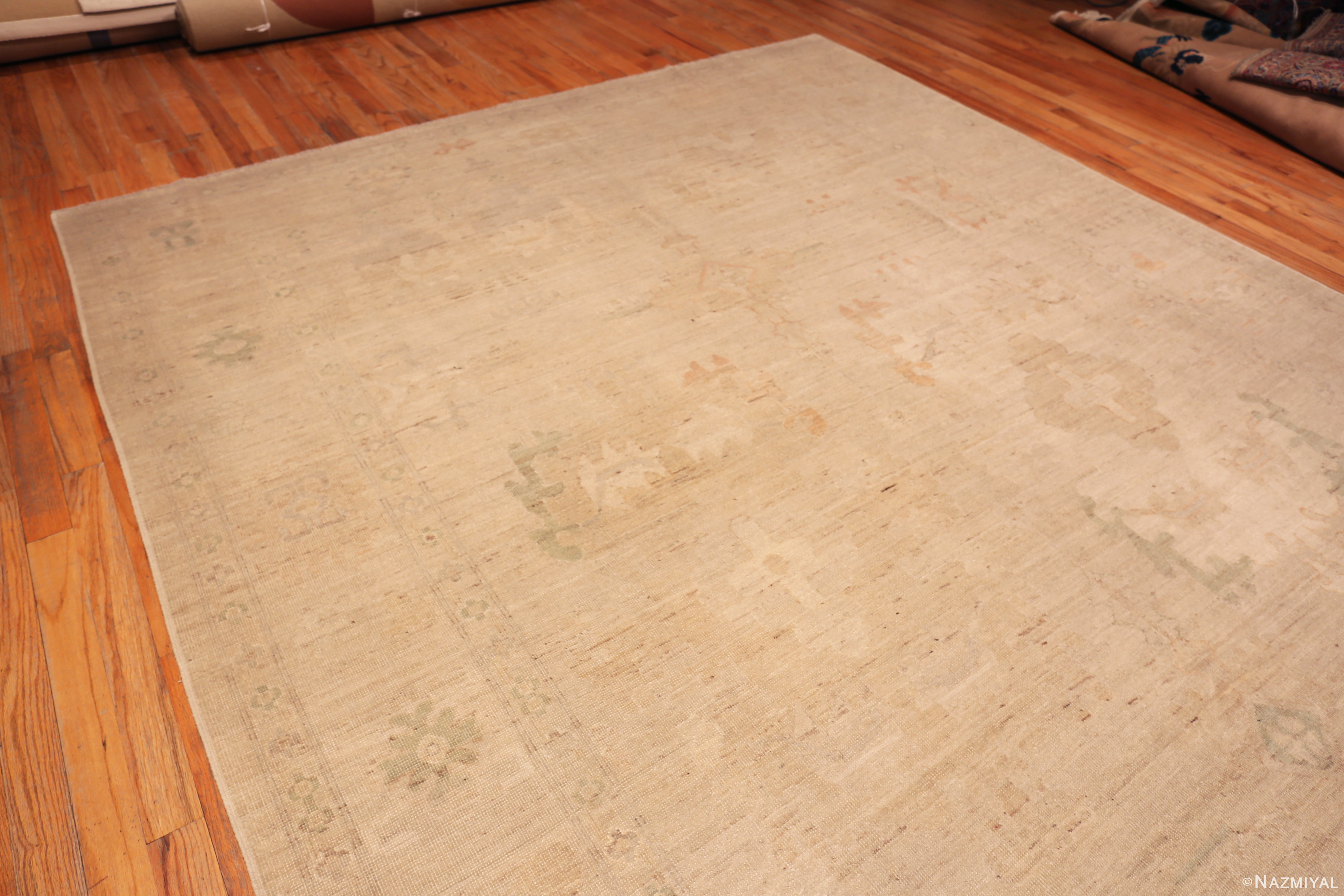 Floor View of Neutral Ivory Modern Oushak Rug 61297 by Nazmiyal Collection