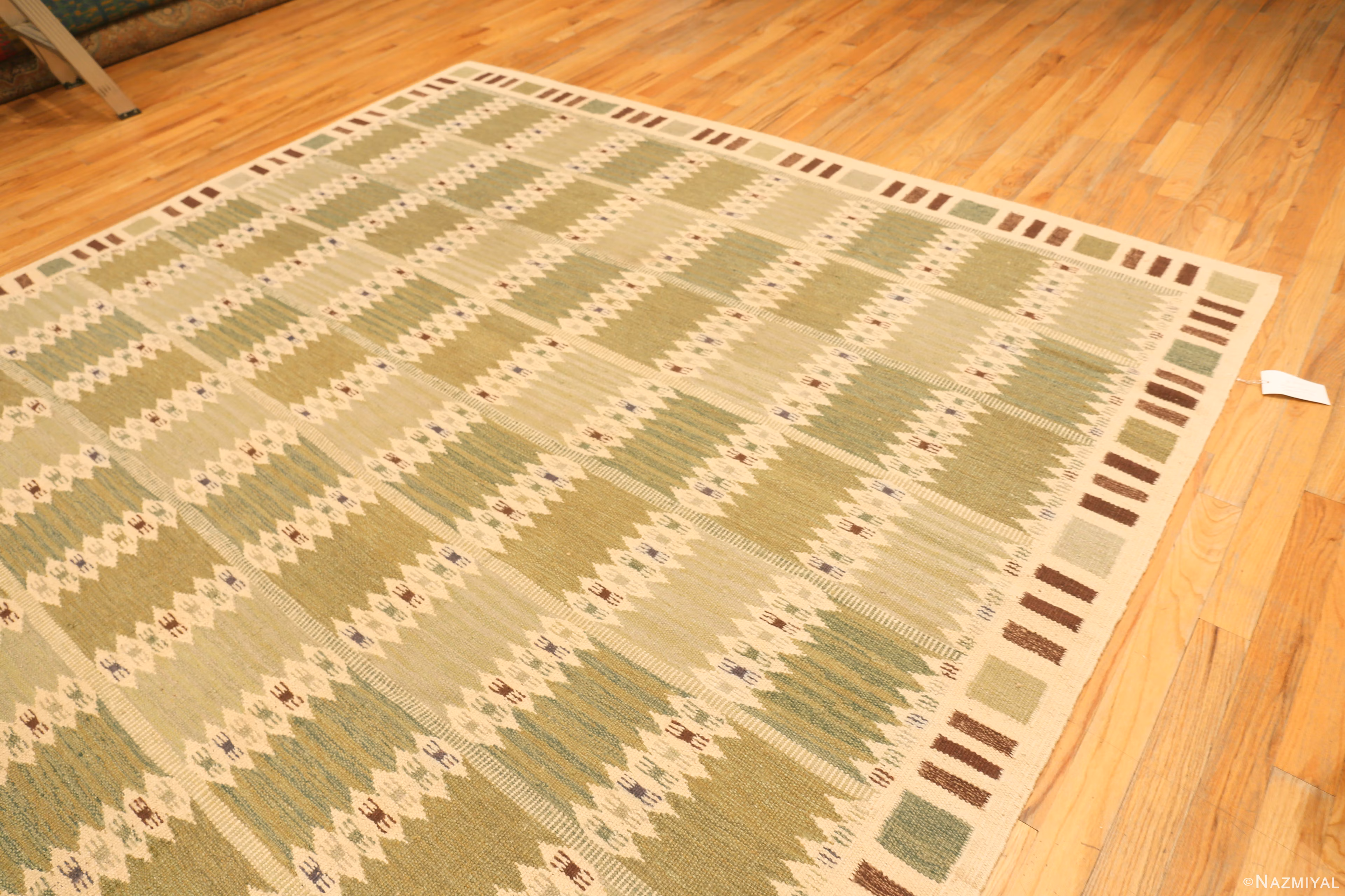 Floor View of Green Gridded Modern Swedish-Style Kilim Rug 74393 by Nazmiyal Collection