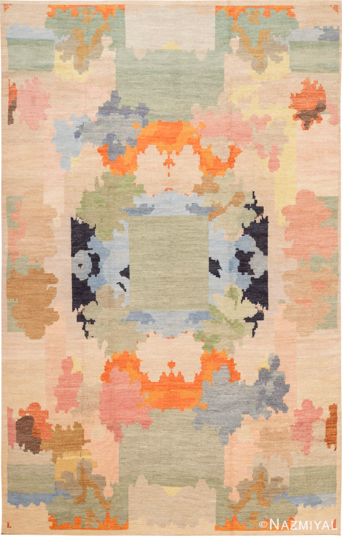 Large modern Swedish-inspired abstract rug 74515 with sage green, pink, blue, orange, and ivory geometric forms.