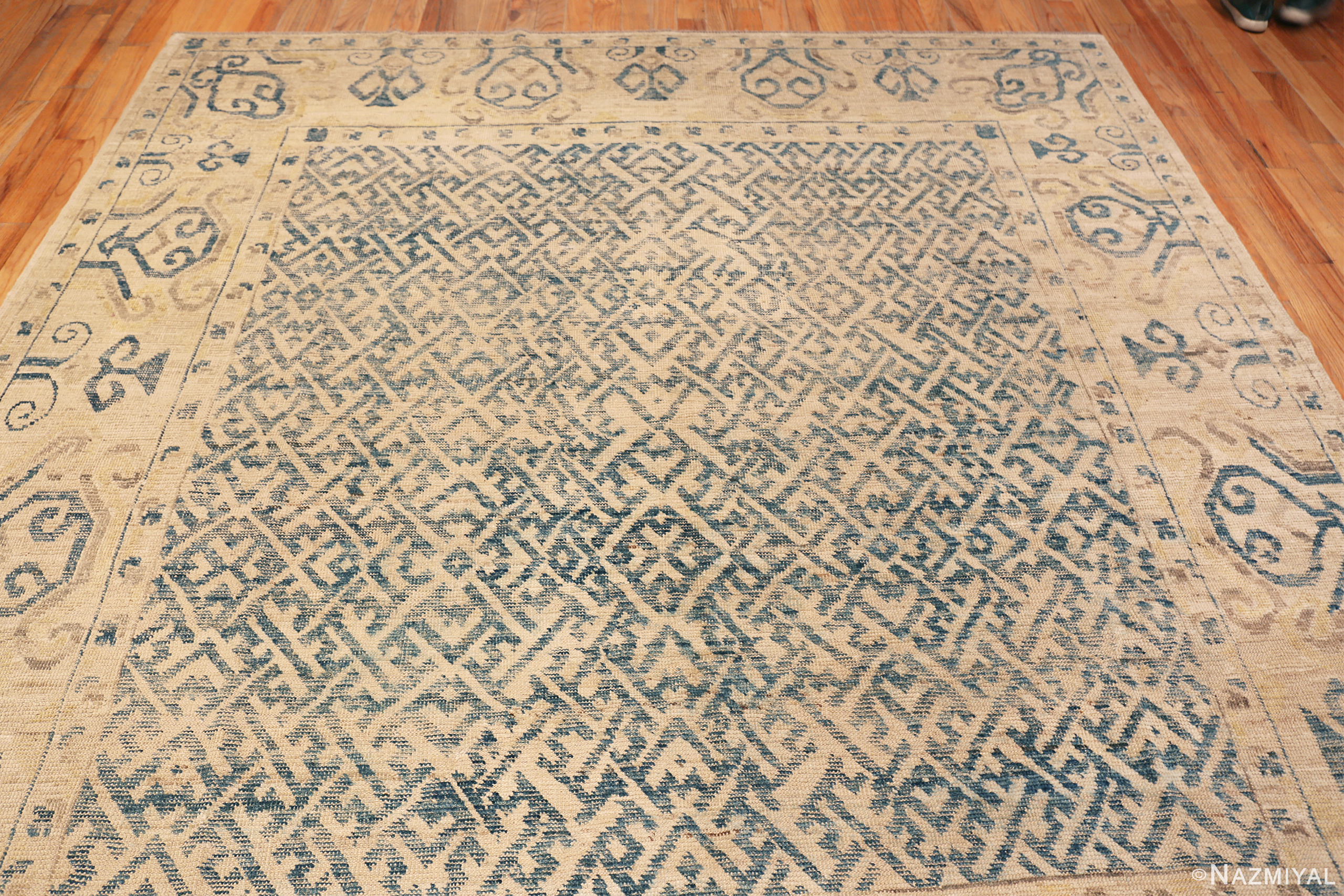 Top of Ivory and Blue Modern Oushak Square Rug 61288 by Nazmiyal Collection